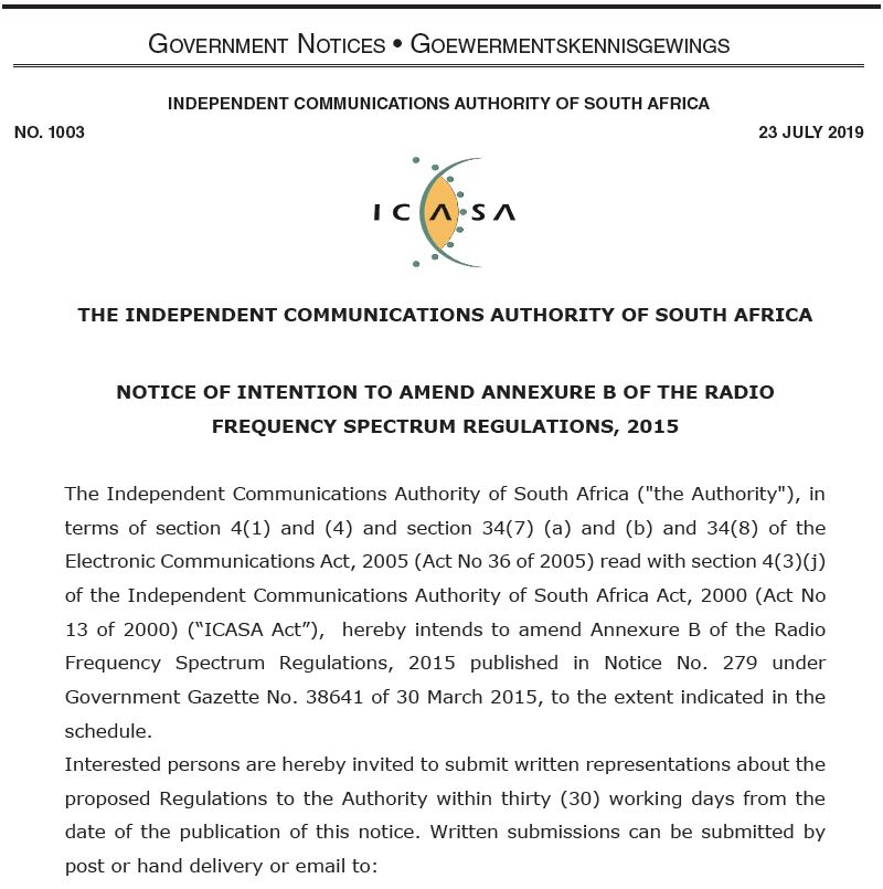 ICASA amendment to 2015 South Africa Frequency Plan